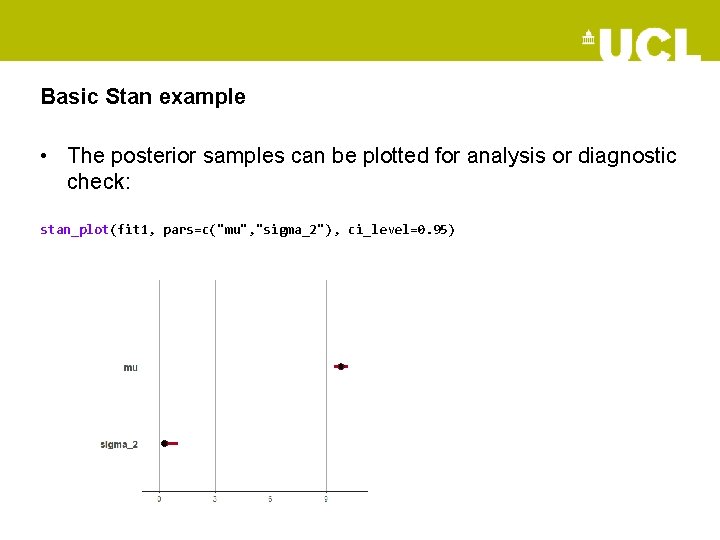 Basic Stan example • The posterior samples can be plotted for analysis or diagnostic