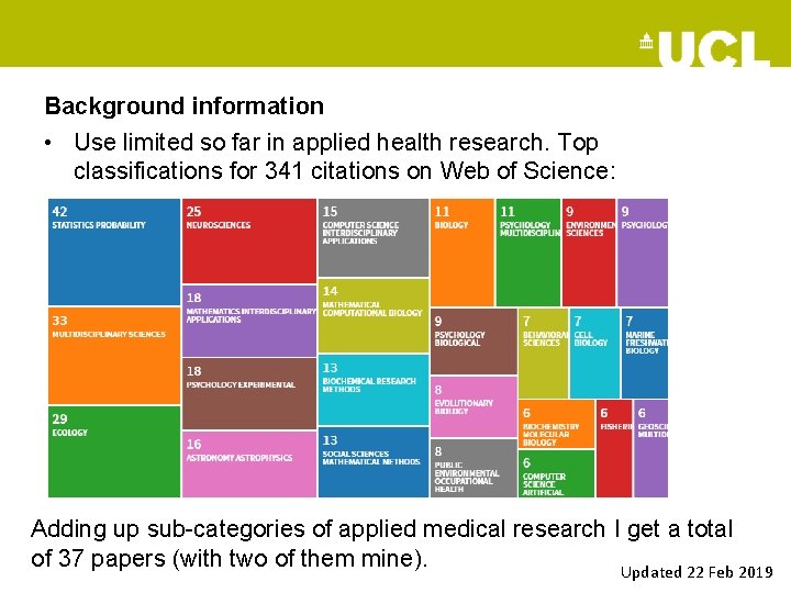Background information • Use limited so far in applied health research. Top classifications for