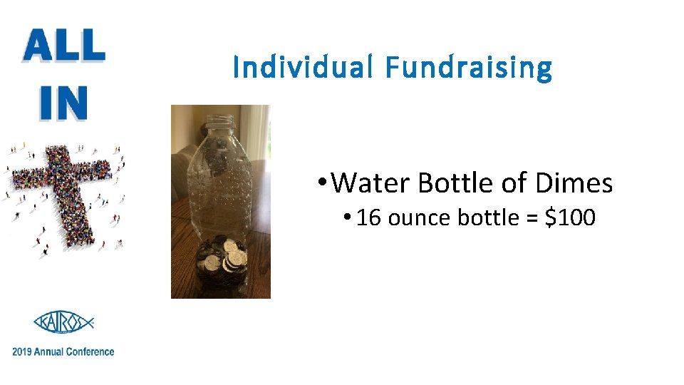 Individual Fundraising • Water Bottle of Dimes • 16 ounce bottle = $100 