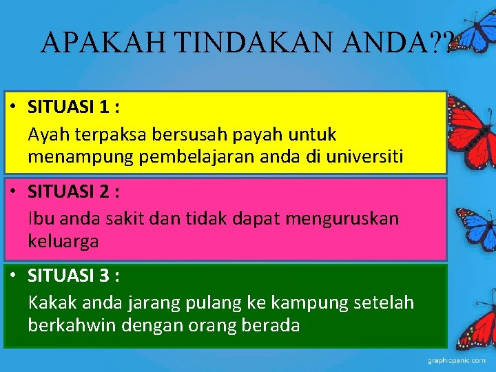 APAKAH TINDAKAN ANDA? ? • SITUASI 1 : Ayah terpaksa bersusah payah untuk menampung