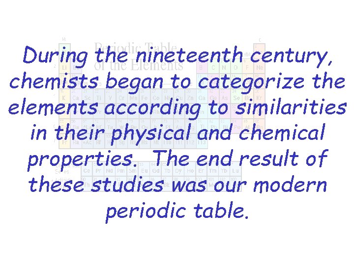 During the nineteenth century, chemists began to categorize the elements according to similarities in