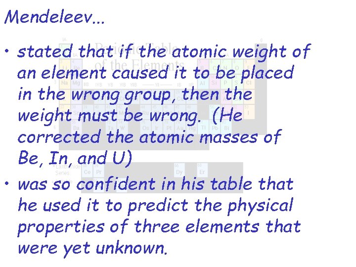 Mendeleev. . . • stated that if the atomic weight of an element caused