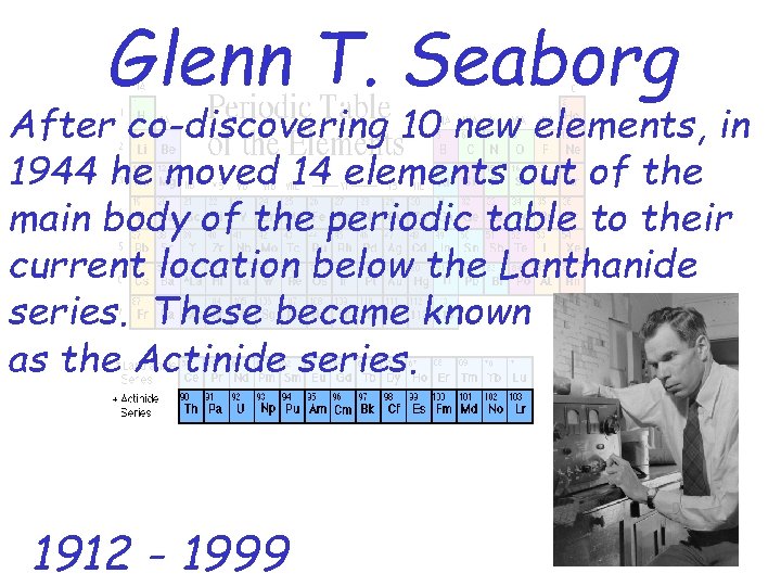 Glenn T. Seaborg After co-discovering 10 new elements, in 1944 he moved 14 elements