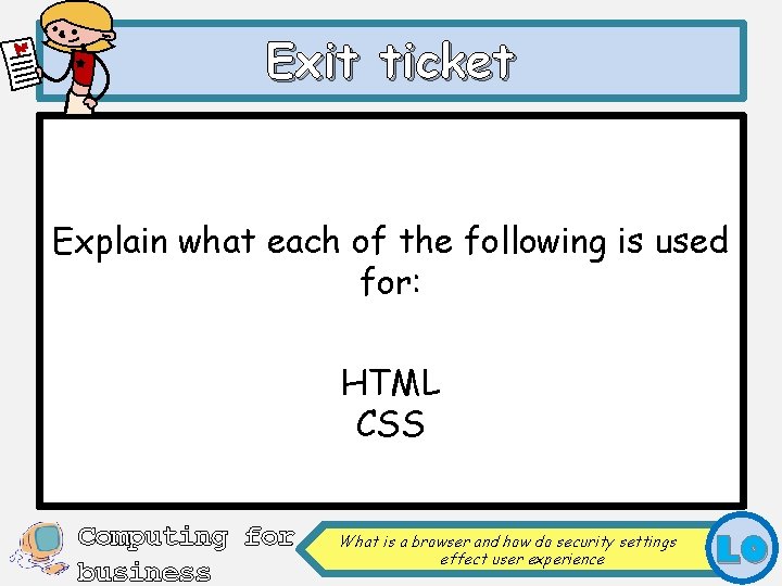 Exit ticket Explain what each of the following is used for: HTML CSS Computing