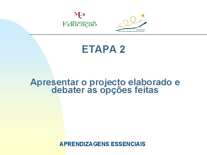 ETAPA 2 Apresentar o projecto elaborado e debater as opções feitas APRENDIZAGENS ESSENCIAIS 