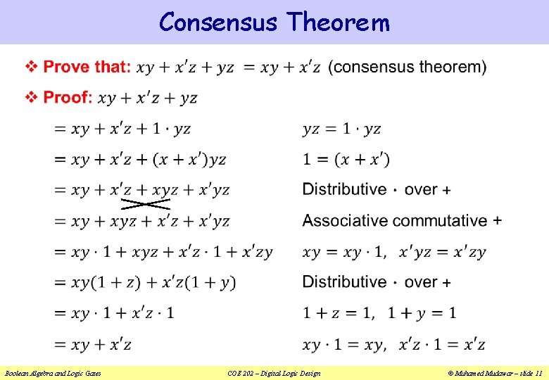 Consensus Theorem v Boolean Algebra and Logic Gates COE 202 – Digital Logic Design