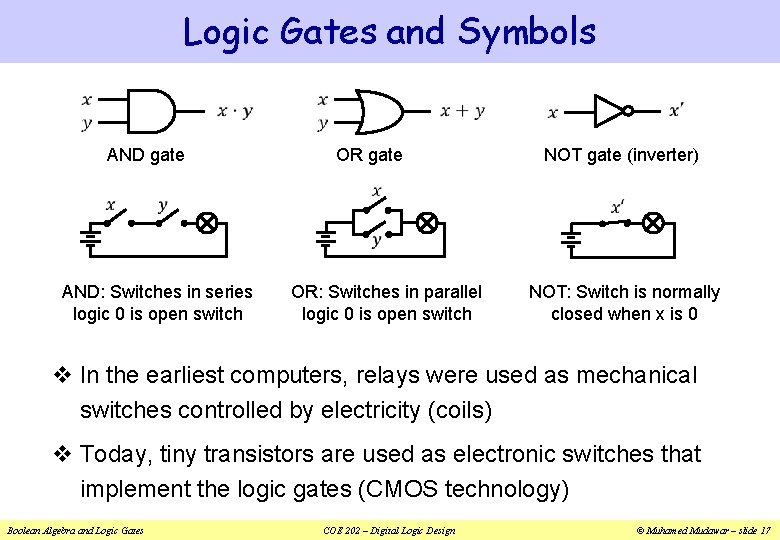 Logic Gates and Symbols AND gate AND: Switches in series logic 0 is open