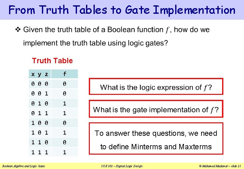From Truth Tables to Gate Implementation v Truth Table x y z f 0