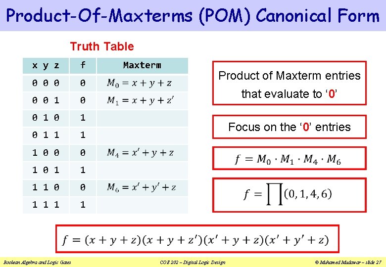 Product-Of-Maxterms (POM) Canonical Form Truth Table x y z f 0 0 0 1