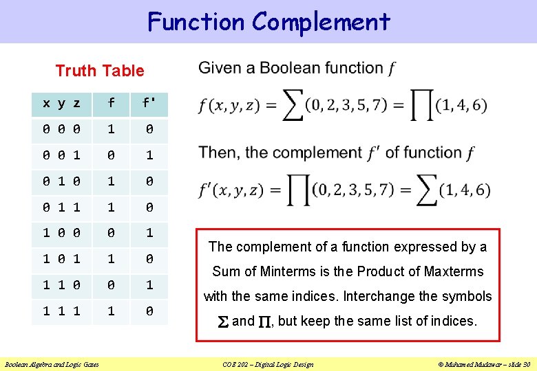 Function Complement v Truth Table x y z f f' 0 0 0 1