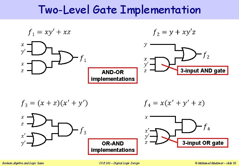 Two-Level Gate Implementation Boolean Algebra and Logic Gates AND-OR implementations 3 -input AND gate