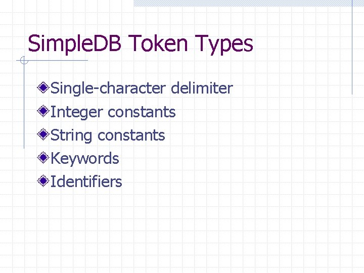 Simple. DB Token Types Single-character delimiter Integer constants String constants Keywords Identifiers Simple. DB Token Types Single-character delimiter Integer constants String constants Keywords Identifiers