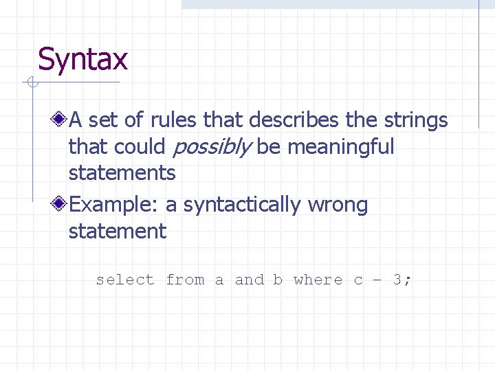 Syntax A set of rules that describes the strings that could possibly be meaningful Syntax A set of rules that describes the strings that could possibly be meaningful