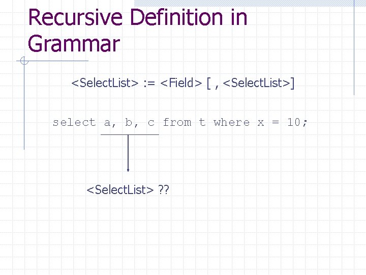 Recursive Definition in Grammar <Select. List> : = <Field> [ , <Select. List>] select