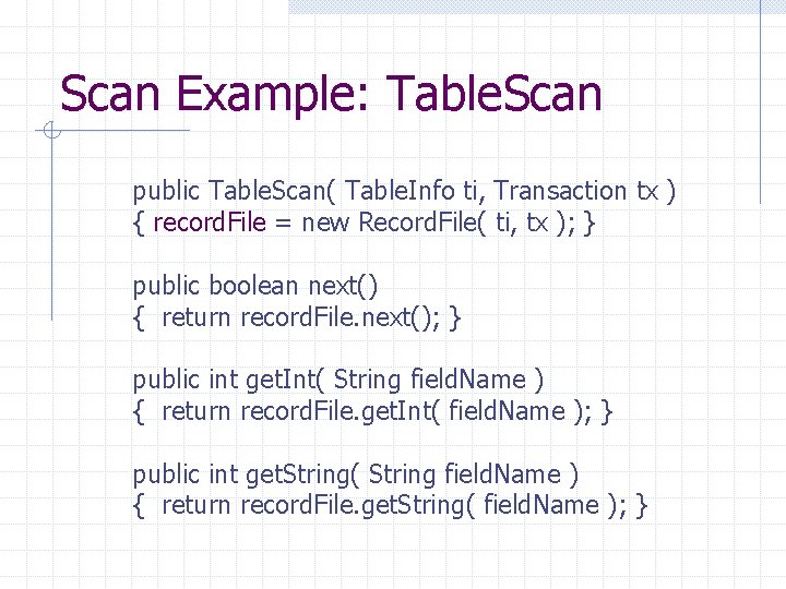 Scan Example: Table. Scan public Table. Scan( Table. Info ti, Transaction tx ) { Scan Example: Table. Scan public Table. Scan( Table. Info ti, Transaction tx ) {