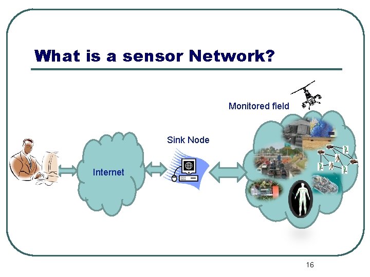 What is a sensor Network? Monitored field Sink Node Internet 16 
