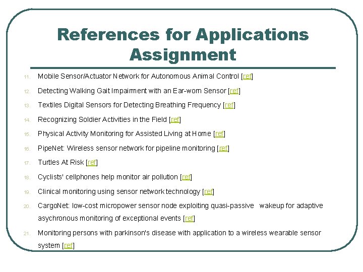 References for Applications Assignment 11. Mobile Sensor/Actuator Network for Autonomous Animal Control [ref] 12.