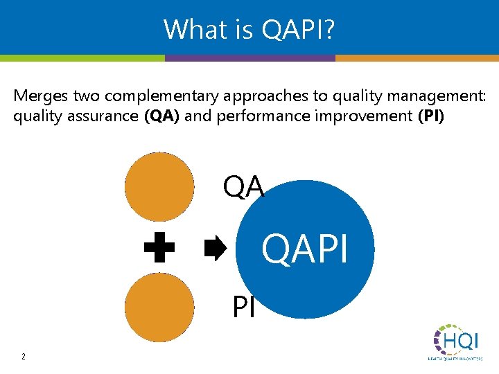 What is QAPI? Merges two complementary approaches to quality management: quality assurance (QA) and