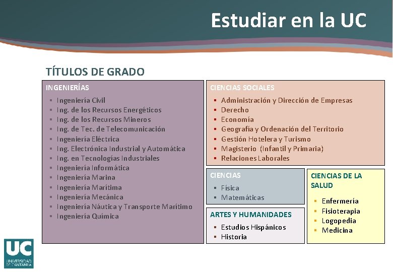 Estudiar en la UC TÍTULOS DE GRADO INGENIERÍAS § § § § Ingeniería Civil