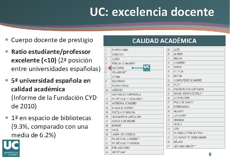 UC: excelencia docente § Cuerpo docente de prestigio CALIDAD ACADÉMICA § Ratio estudiante/professor excelente