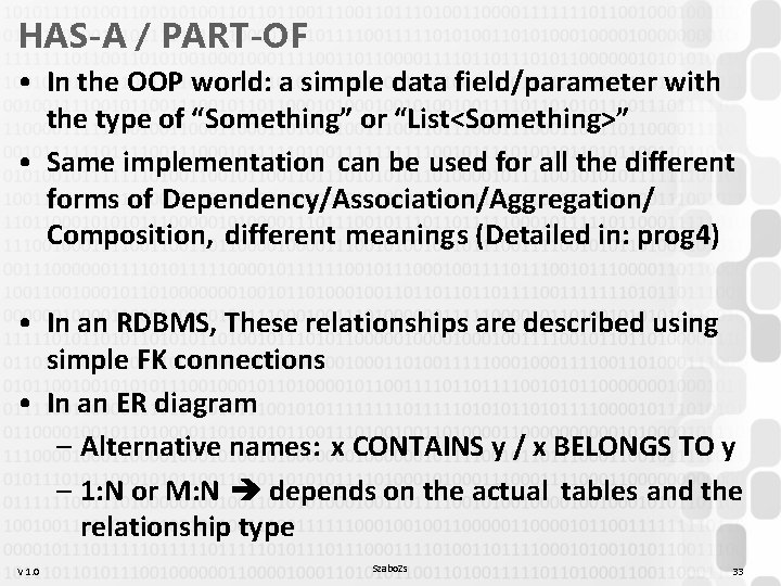 HAS-A / PART-OF • In the OOP world: a simple data field/parameter with the HAS-A / PART-OF • In the OOP world: a simple data field/parameter with the