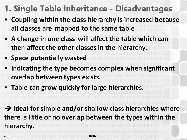 1. Single Table Inheritance - Disadvantages • Coupling within the class hierarchy is increased 1. Single Table Inheritance - Disadvantages • Coupling within the class hierarchy is increased
