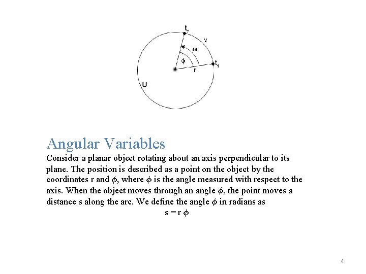 Angular Variables Consider a planar object rotating about an axis perpendicular to its plane.