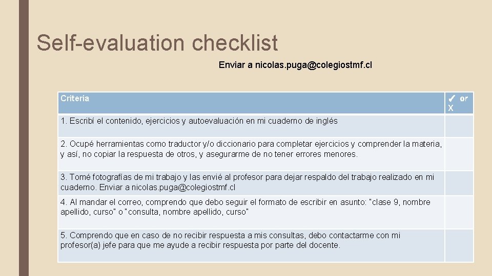 Self-evaluation checklist Enviar a nicolas. puga@colegiostmf. cl Criteria 1. Escribí el contenido, ejercicios y