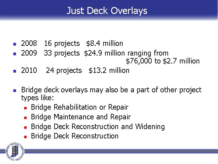 Just Deck Overlays n n 2008 16 projects $8. 4 million 2009 33 projects