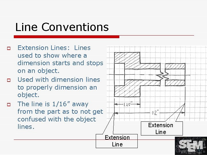 Line Conventions o o o Extension Lines: Lines used to show where a dimension
