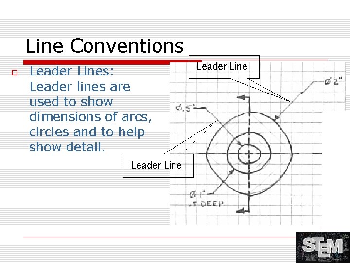 Line Conventions o Leader Lines: Leader lines are used to show dimensions of arcs,