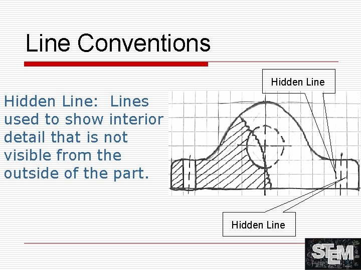 Line Conventions Hidden Line: Lines used to show interior detail that is not visible