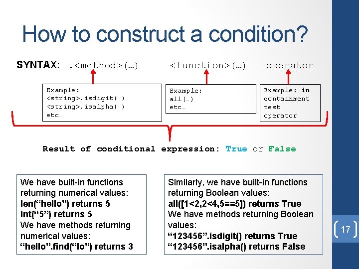 How to construct a condition? SYNTAX: . <method>(…) Example: <string>. isdigit( ) <string>. isalpha(