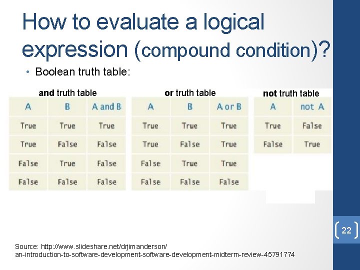 How to evaluate a logical expression (compound condition)? • Boolean truth table: and truth