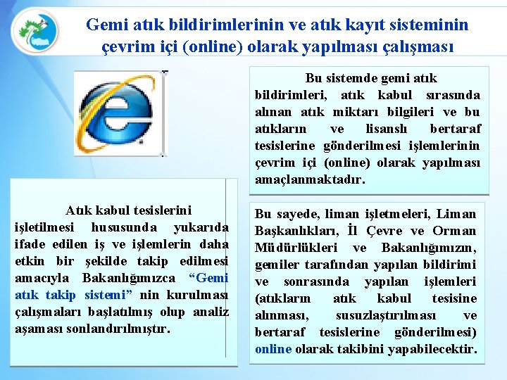 Gemi atık bildirimlerinin ve atık kayıt sisteminin çevrim içi (online) olarak yapılması çalışması Bu