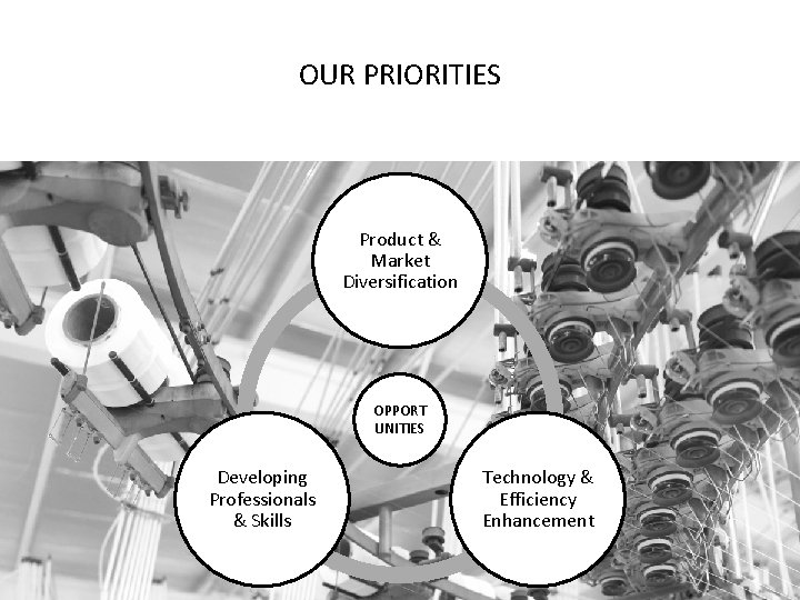 OUR PRIORITIES Product & Market Diversification OPPORT UNITIES Developing Professionals & Skills Technology &