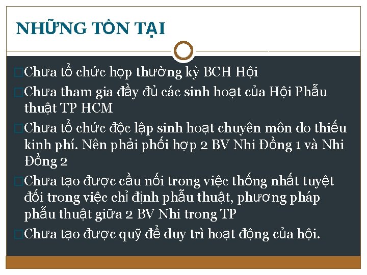 NHỮNG TỒN TẠI �Chưa tổ chức họp thường kỳ BCH Hội �Chưa tham gia