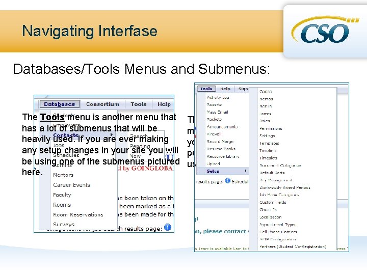 Navigating Interfase Databases/Tools Menus and Submenus: The Tools menu is another menu that has