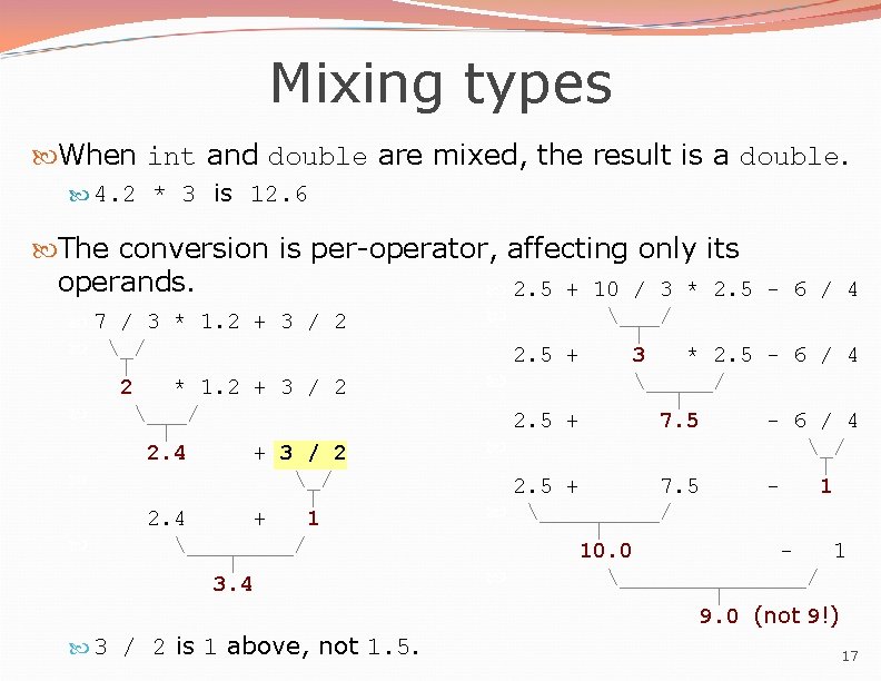 Mixing types When int and double are mixed, the result is a double. 4.