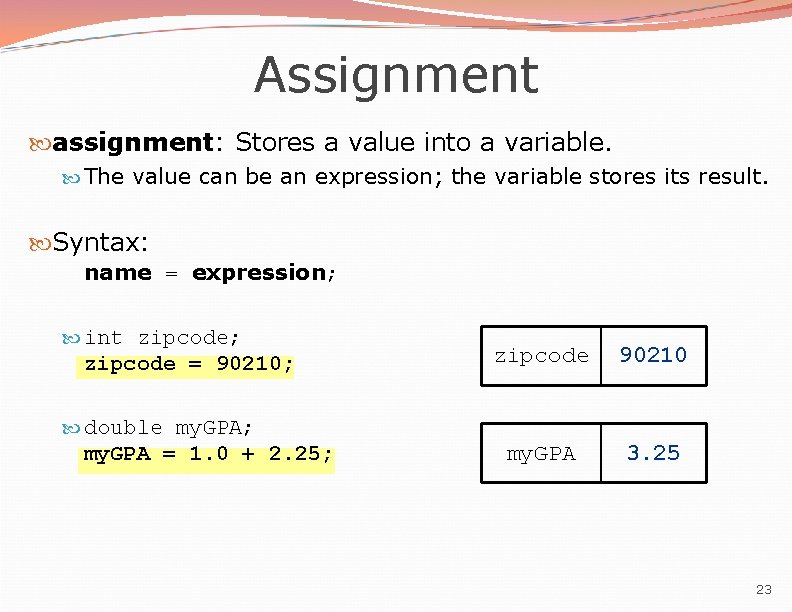 Assignment assignment: Stores a value into a variable. The value can be an expression;