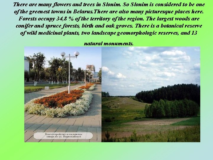 There are many flowers and trees in Slonim. So Slonim is considered to be