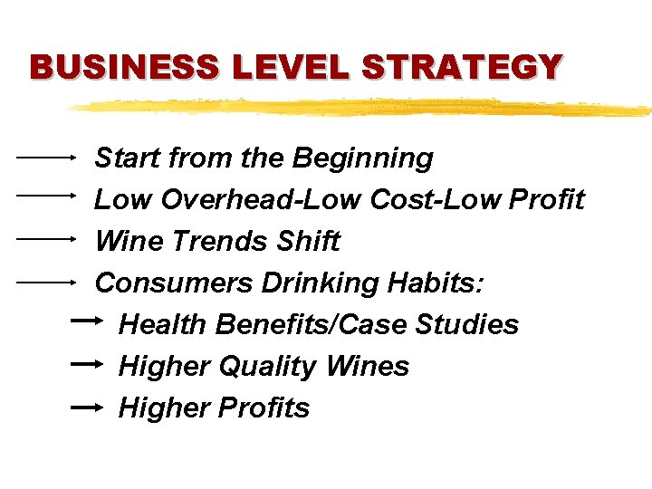 BUSINESS LEVEL STRATEGY Start from the Beginning Low Overhead-Low Cost-Low Profit Wine Trends Shift
