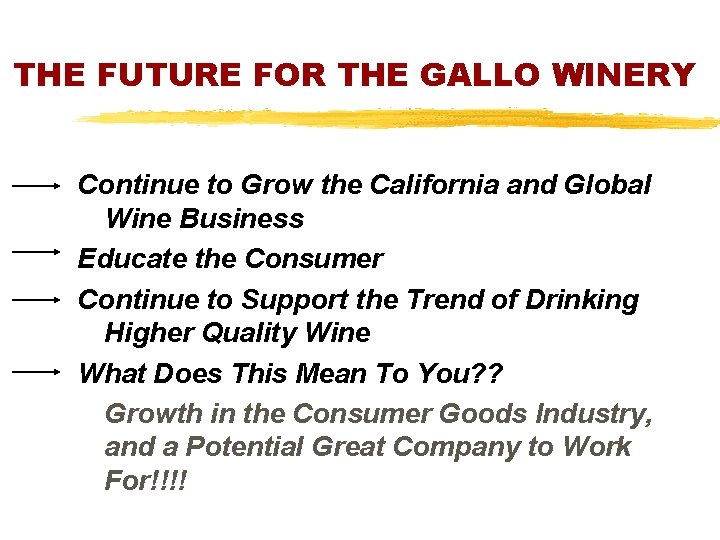 THE FUTURE FOR THE GALLO WINERY Continue to Grow the California and Global Wine