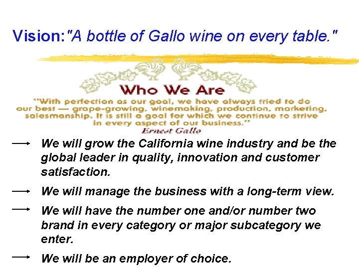Vision: "A bottle of Gallo wine on every table. " We will grow the