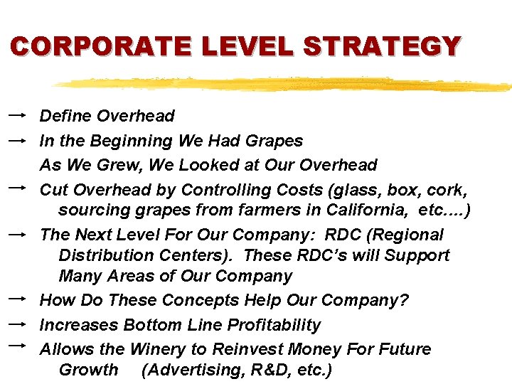 CORPORATE LEVEL STRATEGY Define Overhead In the Beginning We Had Grapes As We Grew,