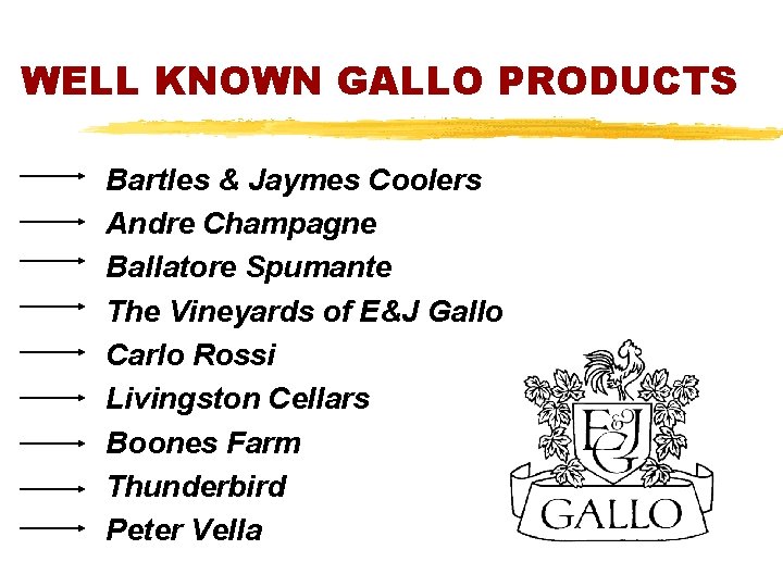 WELL KNOWN GALLO PRODUCTS Bartles & Jaymes Coolers Andre Champagne Ballatore Spumante The Vineyards
