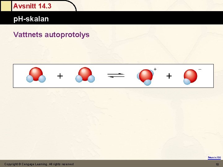 Avsnitt 14. 3 The Mole p. H-skalan Vattnets autoprotolys Return to TOC Copyright ©