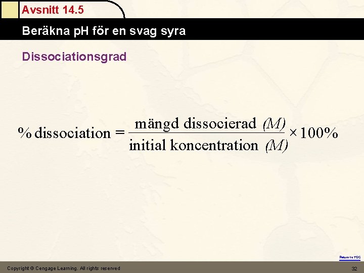 Avsnitt 14. 5 Beräkna p. H för en svag syra Dissociationsgrad mängd dissocierad (M)