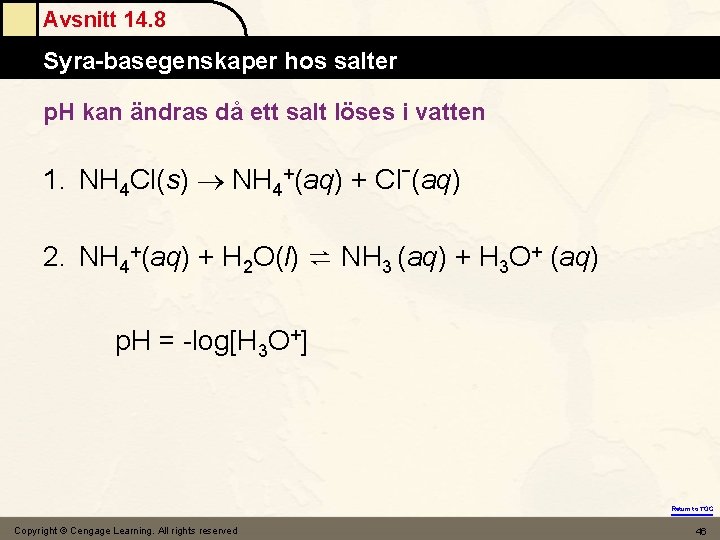 Avsnitt 14. 8 Syra-basegenskaper hos salter p. H kan ändras då ett salt löses