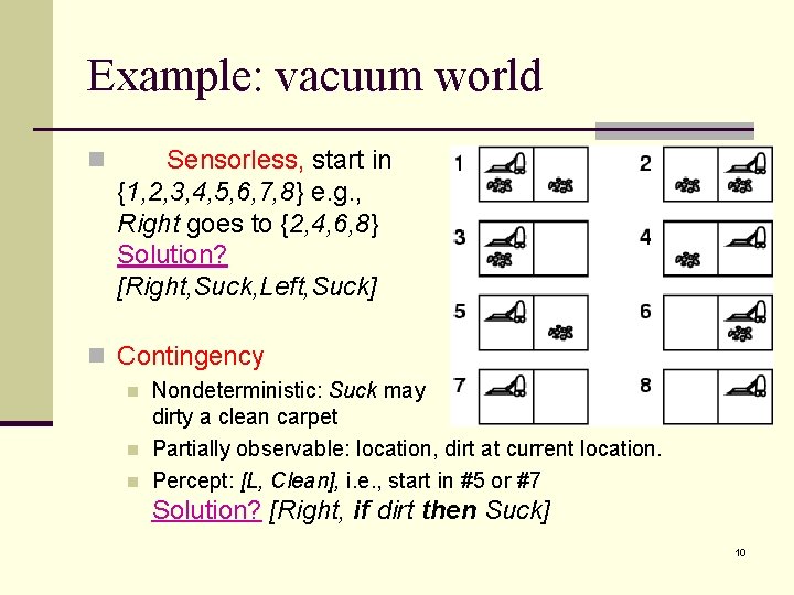Example: vacuum world n Sensorless, start in {1, 2, 3, 4, 5, 6, 7,